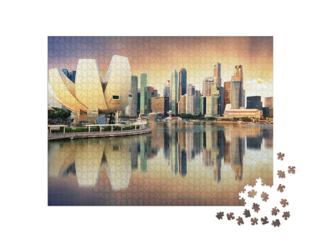 Puzzle 1000 Teile „Skyline von Singapur am Yachthafen im Licht des Abends“