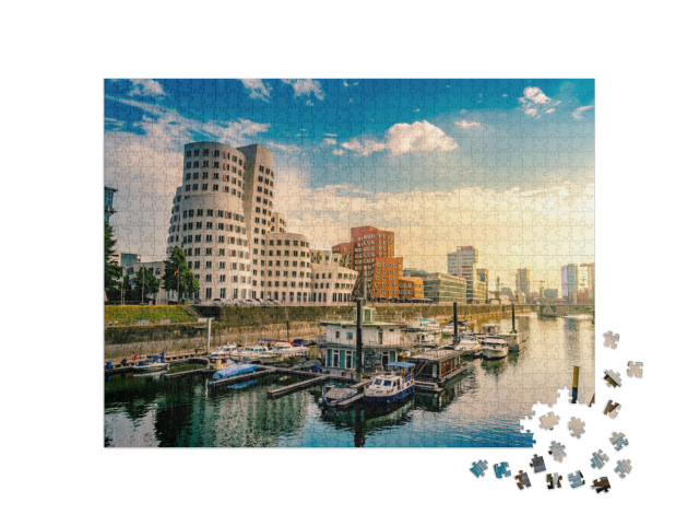 Puzzle 1000 Teile „Morgenlicht über Medienhafen am Rhein, Düsseldorf“