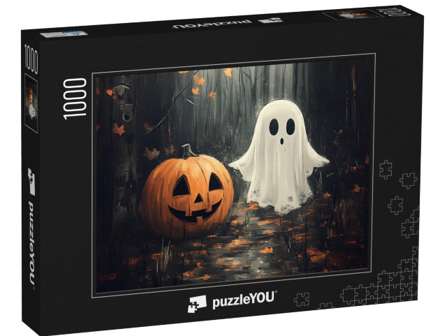 Puzzle 1000 Teile „Zwei Freunde an Halloween, Kürbis und Gespenst“