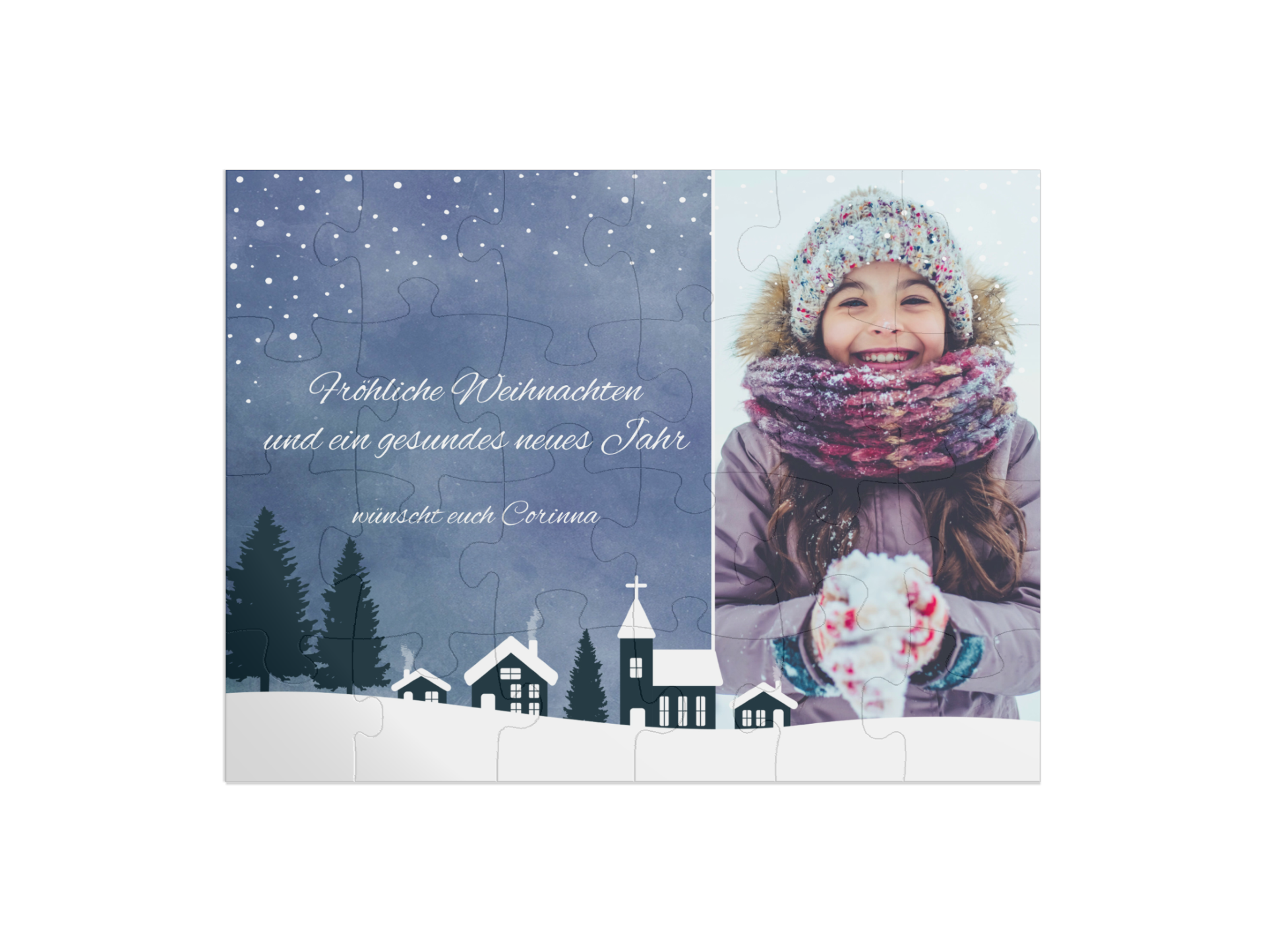 "Wintervillage" in Querformat nachtblau
