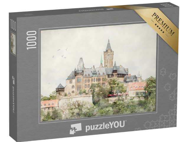 Puzzle 1000 Teile „Aquarell des Schlosses von Wernigerode im Harz, Sachsen-Anhalt“