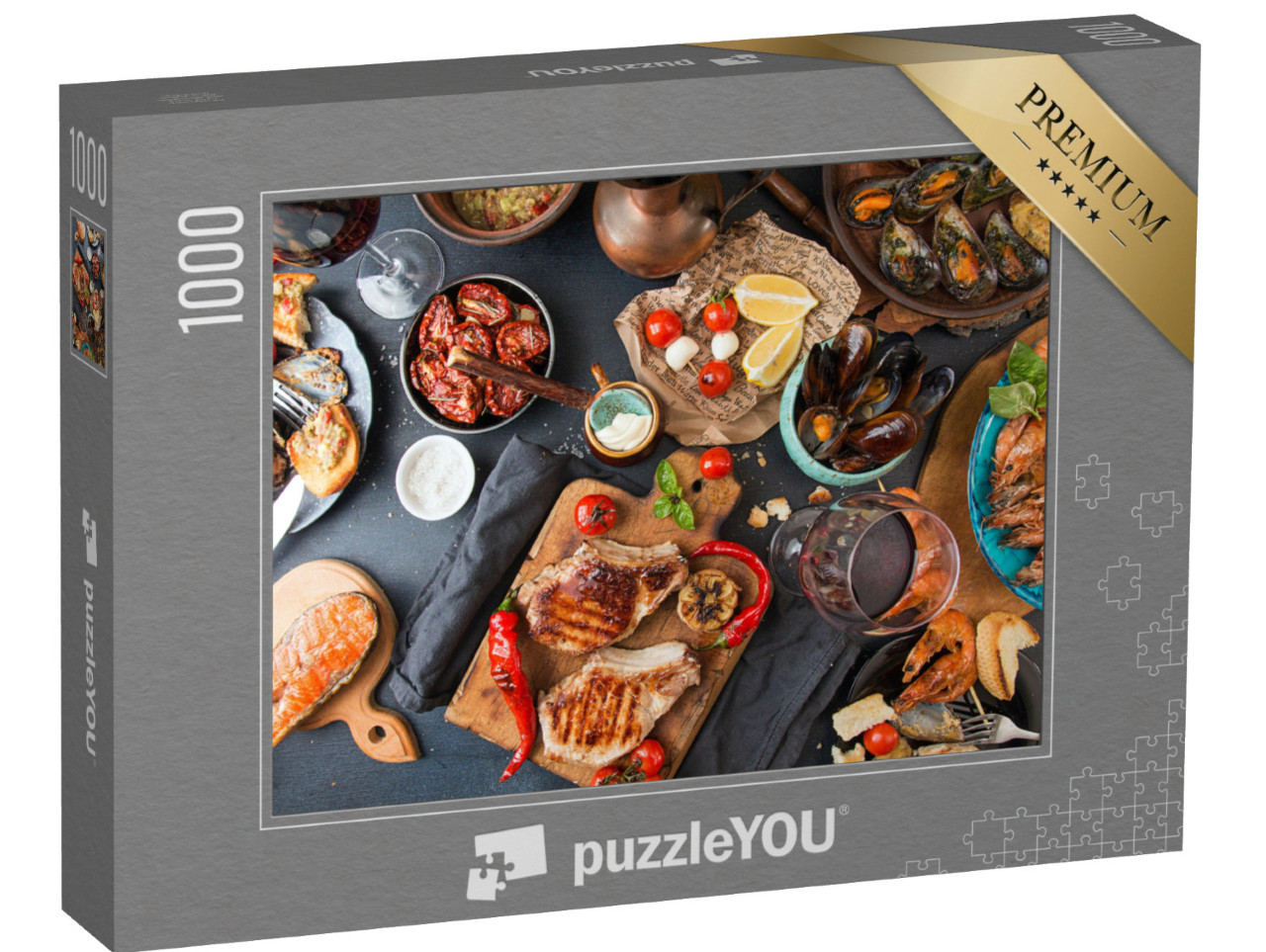 Puzzle 1000 Teile „Fleisch und Meeresfrüchte vom Grill mit Gemüse“