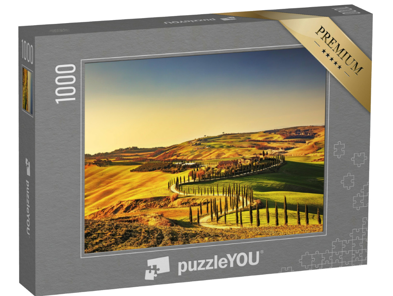 Puzzle 1000 Teile „Sonnenuntergang über der Toskana mit Zypressen, Italien“