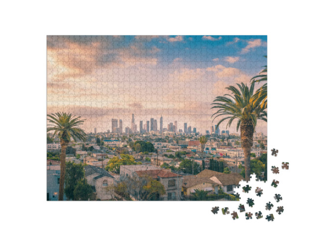Puzzle 1000 Teile „Die Skyline von Los Angeles Downtown mit Palmen“