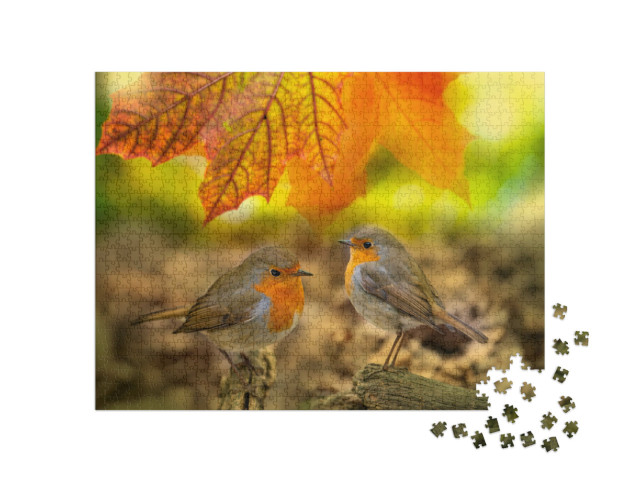 Puzzle 1000 Teile „Zwei Rotkehlchen im Herbstwald“