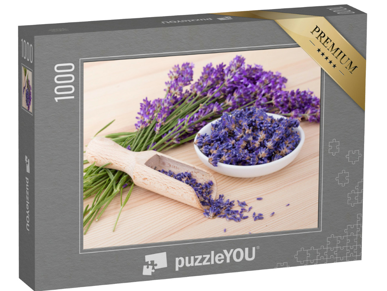 Puzzle 1000 Teile „Porzellanschale mit getrockneten Lavendelblüten und Lavendelbouquet“