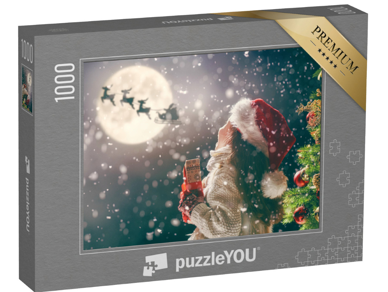 Puzzle 1000 Teile „Frohe Weihnachten: kleines Mädchen mit Weihnachtsgeschenk“