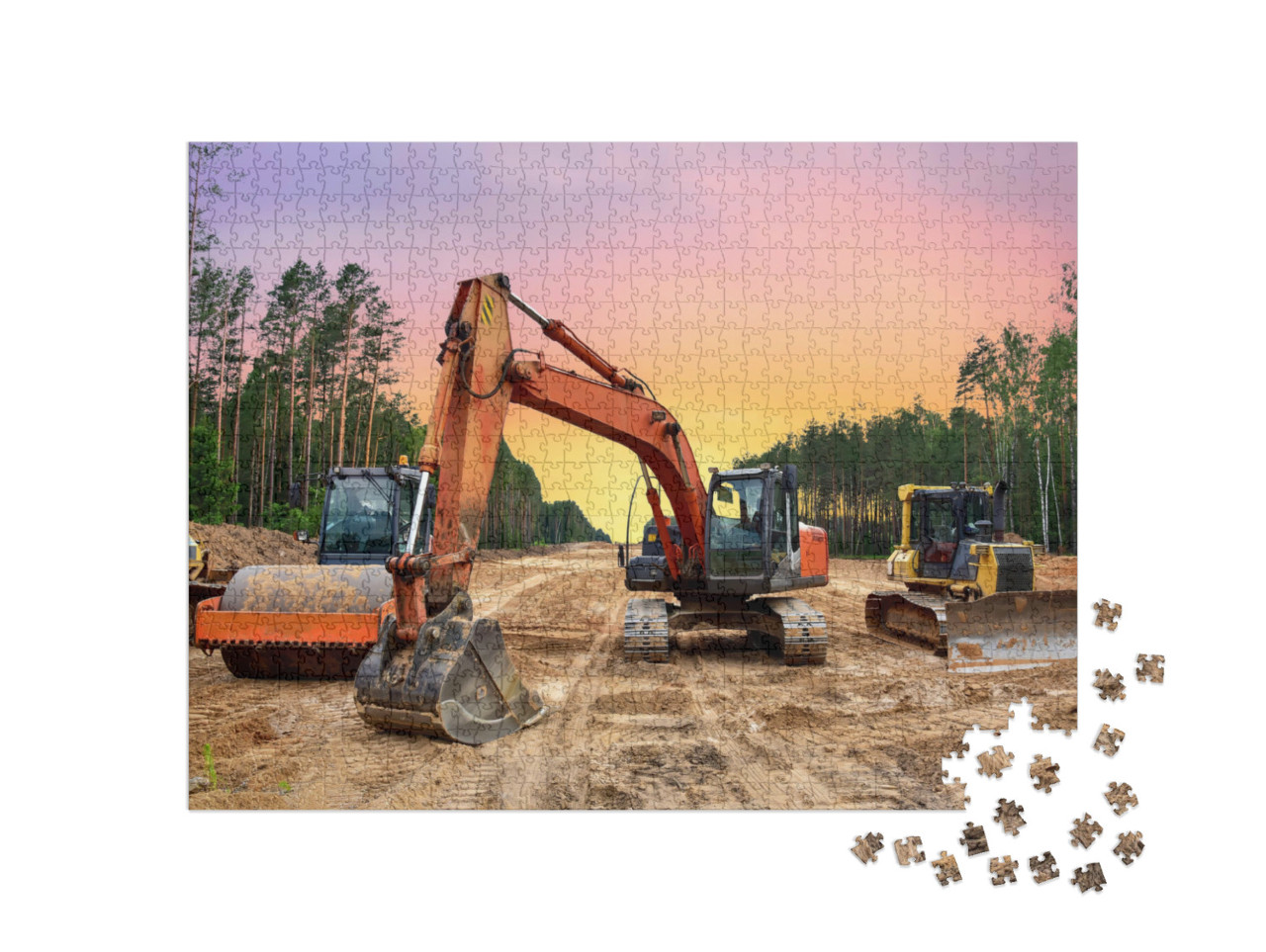 Puzzle 1000 Teile „Bulldozer, Bagger und Bodenverdichter bei Straßenbauarbeiten“