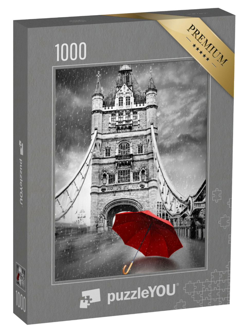 Puzzle 1000 Teile „Roter Regenschirm auf der Tower Bridge in London, schwarz-weiß“