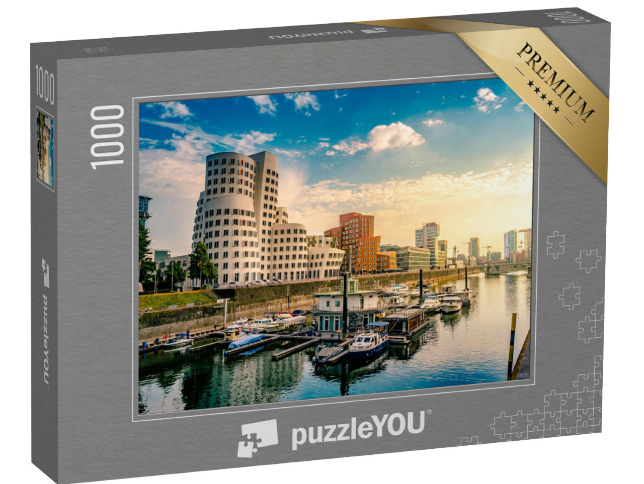 Puzzle 1000 Teile „Morgenlicht über Medienhafen am Rhein, Düsseldorf“