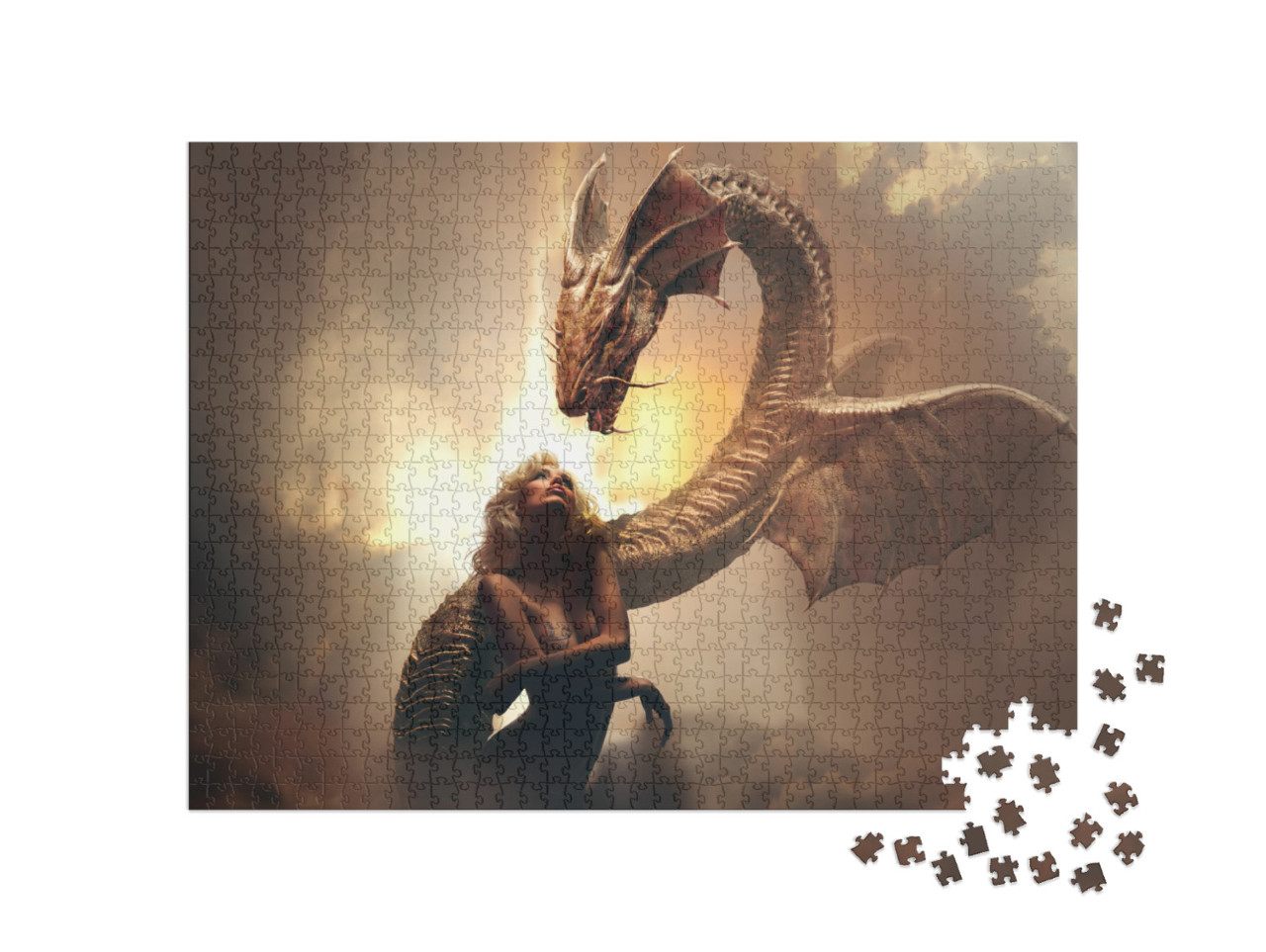 Puzzle 1000 Teile „Blondes Mädchen und Drache in Fantasiewelt“