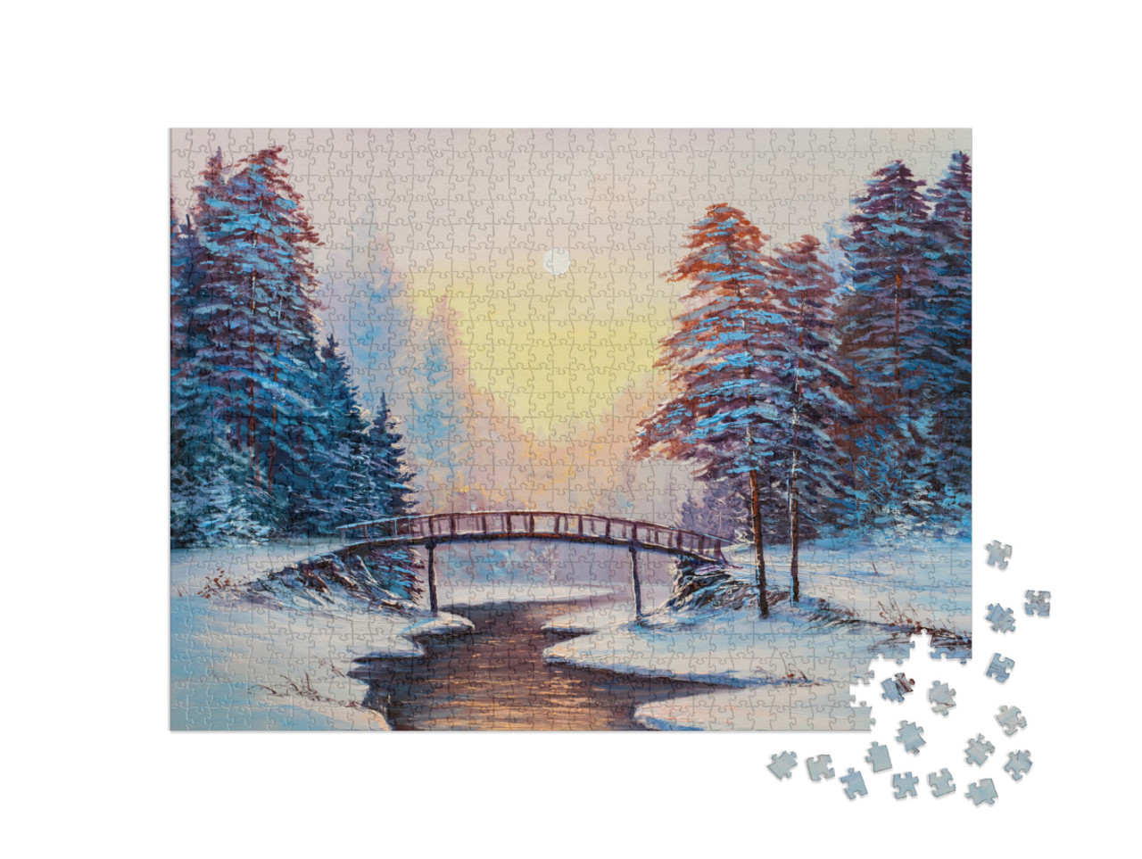 Puzzle 1000 Teile „Winterlandschaft mit Fluss, Original-Ölgemälde“