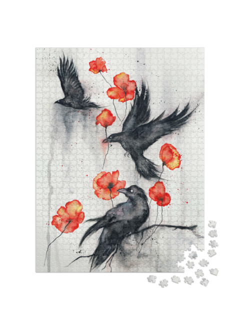 Puzzle 1000 Teile „Schwarze Raben mit roten Mohnblumen“