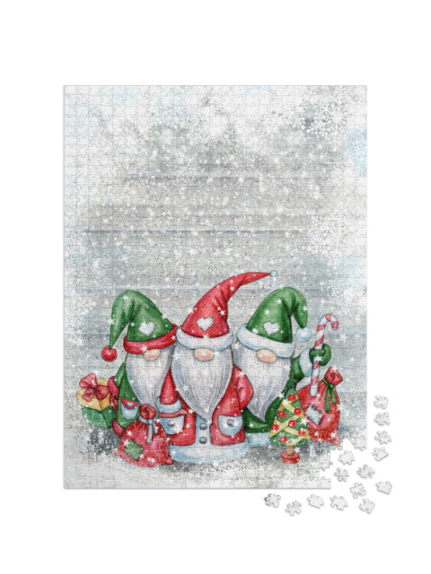 Puzzle 1000 Teile „Cartoons mit Weihnachtswichteln, Grußkarte für Weihnachten“