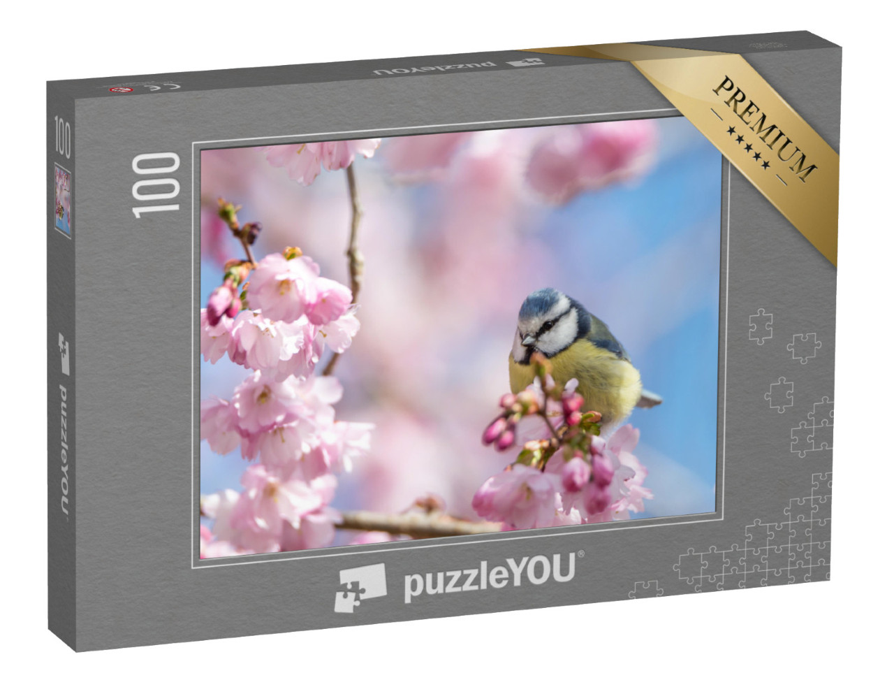 Puzzle 100 Teile „Eine Blaumeise sitzt auf einem schönen Zweig mit Kirschblüten“