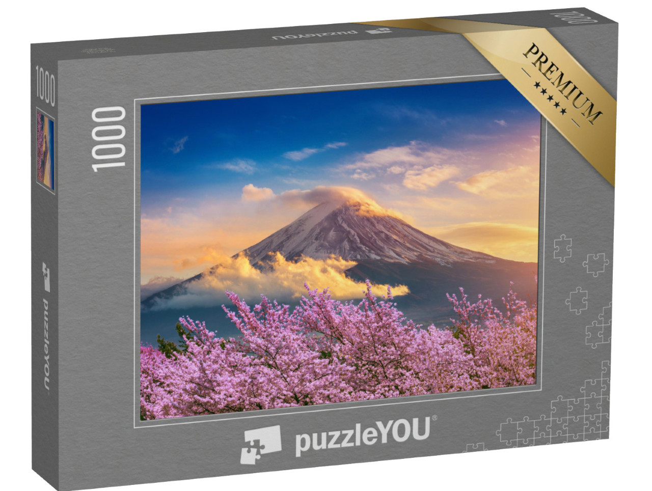 Puzzle 1000 Teile „Fuji und Kirschblüten an einem Frühlingsabend, Japan“