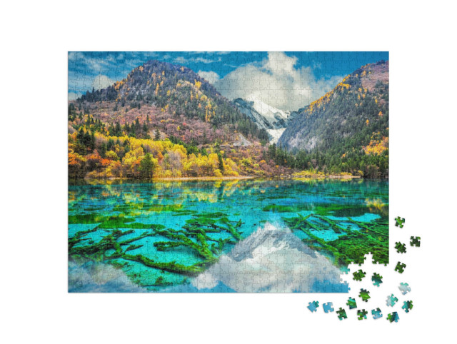 Puzzle 1000 Teile „Kristallklares Wasser des Five Flower Lake, Bunter See, Jiuzhaigou, China“