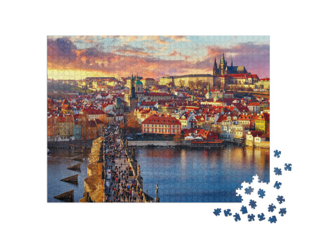 Puzzle 1000 Teile „Panoramablick von oben auf Karlsbrücke, Prager Burg und Fluss“