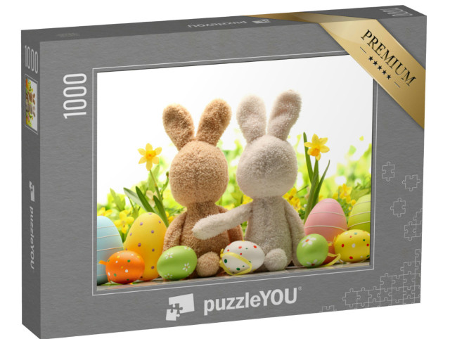 Puzzle 1000 Teile „Zwei Osterhasen umarmen sich mit bunten Eiern und Narzissen“