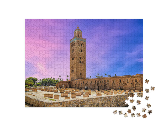 Puzzle 1000 Teile „Sonnenuntergang hinter der Koutoubia-Moschee in Marrakesch, Marokko“