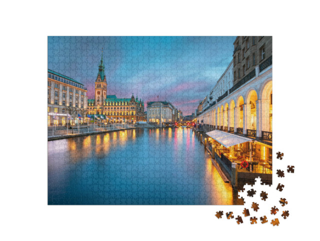 Puzzle 1000 Teile „Hamburger Rathaus und Alster im Sonnenuntergang“