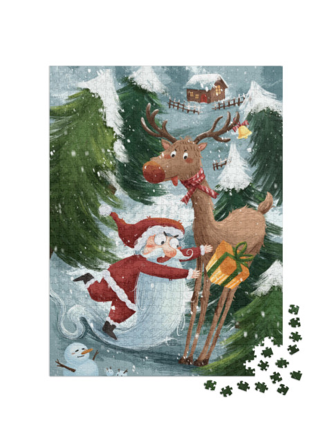 Puzzle 1000 Teile „Lustige Weihnachts-Illustration mit Weihnachtsmann, Rentier und Schneemann“