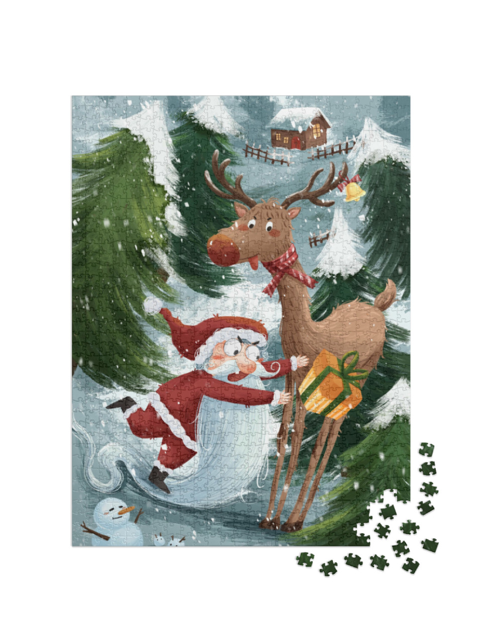 Puzzle 1000 Teile „Lustige Weihnachts-Illustration mit Weihnachtsmann, Rentier und Schneemann“