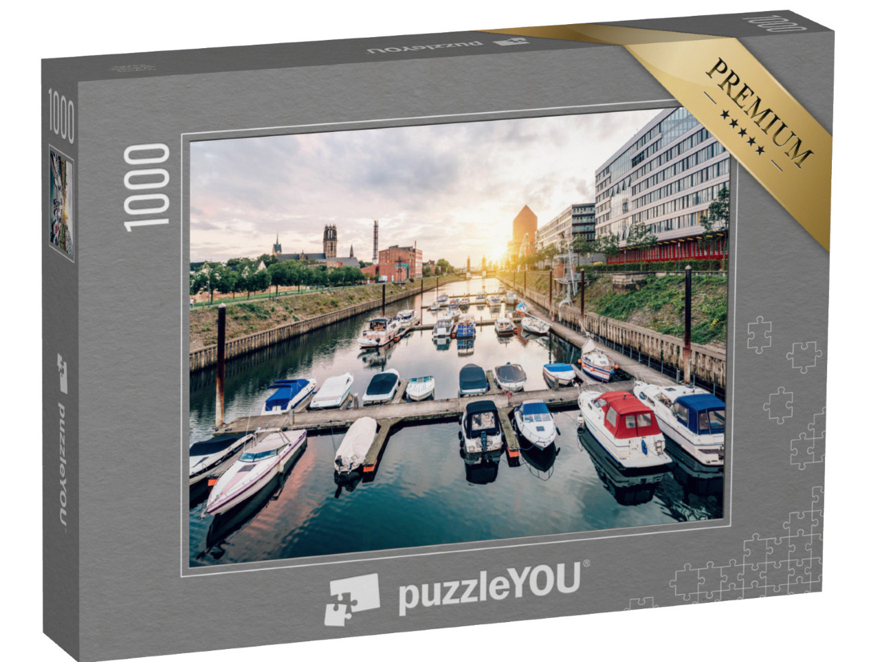 Puzzle 1000 Teile „Duisburg: Panorama mit Schiffen und modernen Gebäuden“