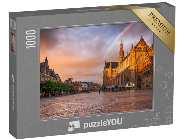 Puzzle 1000 Teile „Wunderschöner Regenbogen über dem Grote Market in Haarlem, Niederlande“