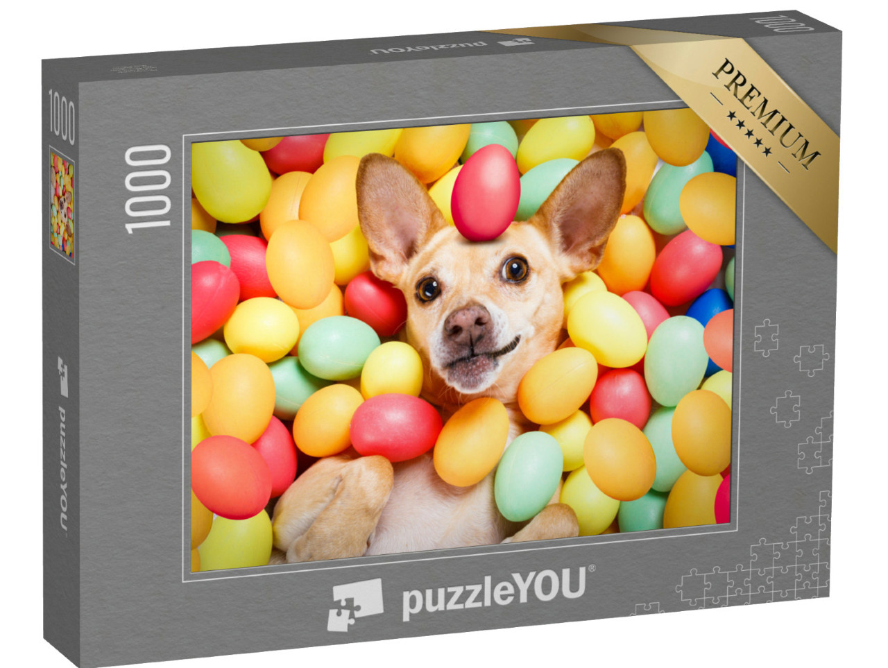Puzzle 1000 Teile „Ein Hund versteckt sich zwischen bunten Ostereiern“