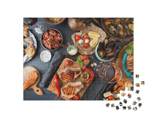 Puzzle 1000 Teile „Fleisch und Meeresfrüchte vom Grill mit Gemüse“