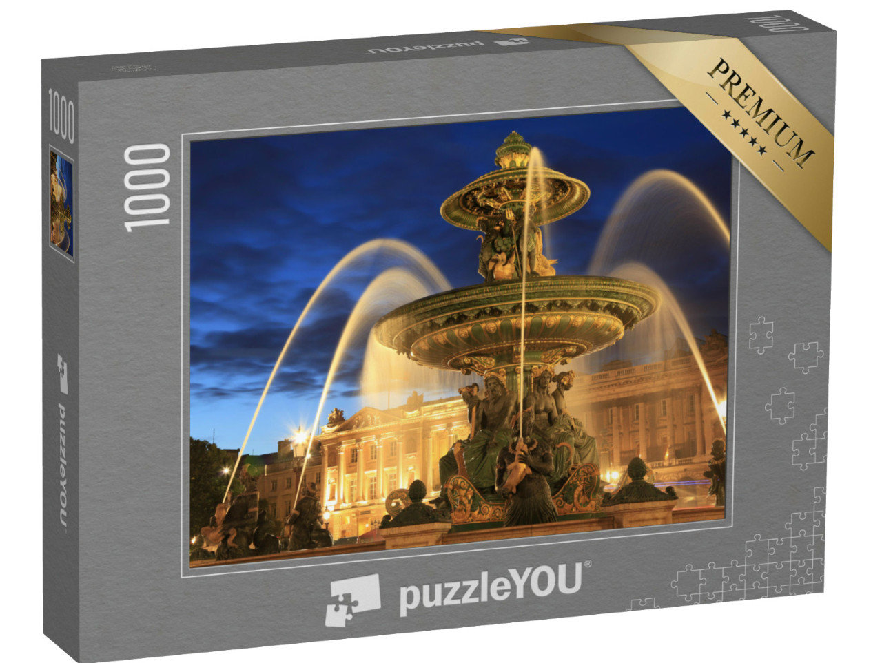 Puzzle 1000 Teile „Springbrunnen auf dem Place de la Concorde am Abend, Paris, Frankreich“