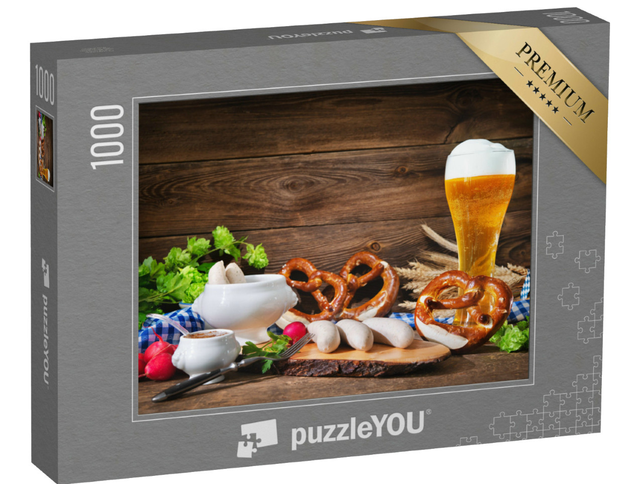 Puzzle 1000 Teile „Typisch bayerisch: Weißwurstfrühstück mit Brezeln“