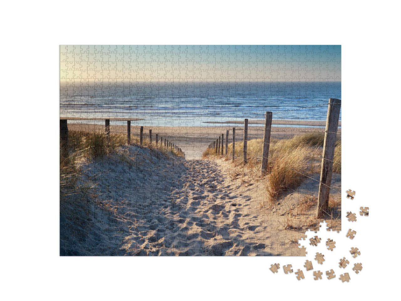 Puzzle 1000 Teile „Weg zum Nordseestrand im goldenen Sonnenuntergang, Niederlande“