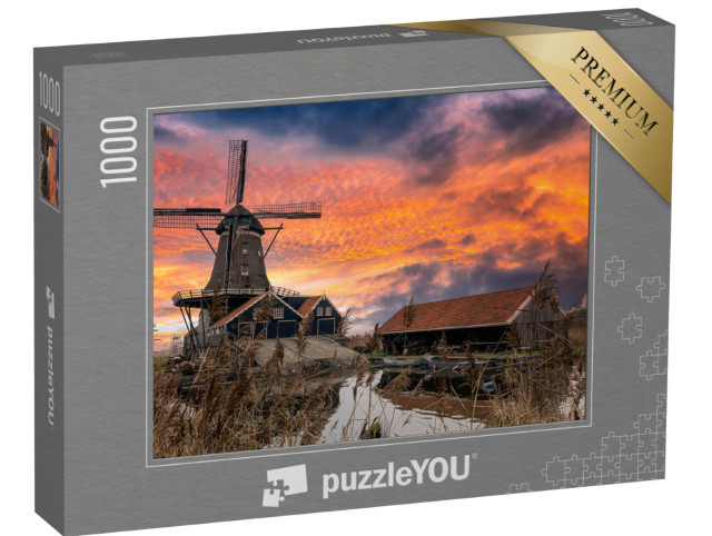 Puzzle 1000 Teile „Windmühle an einem Fluss bei Sonnenaufgang“