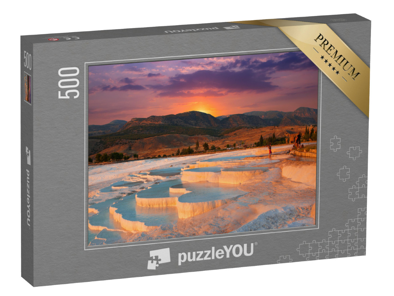 Puzzle 500 Teile „Wunderschöner Sonnenaufgang und natürliche Travertin-Pools und Terrassen in Pamukkale“