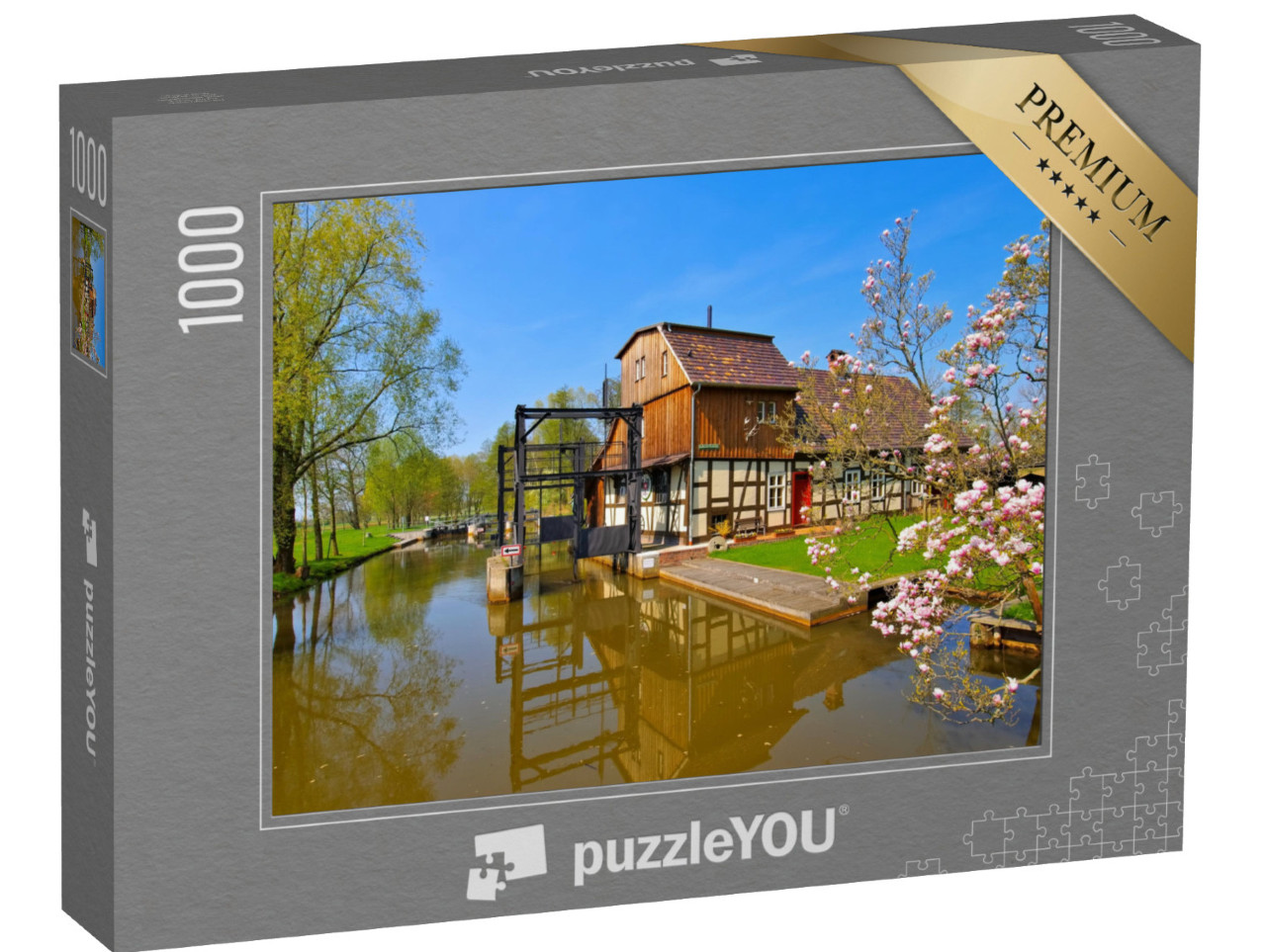 Puzzle 1000 Teile „Radduschmühle, Spreewald im Frühling, Brandenburg“