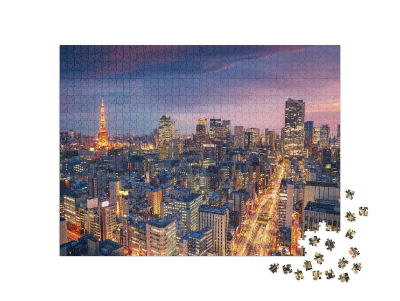 Puzzle 1000 Teile „Abenddämmerung über dem erleuchteten Tokio“