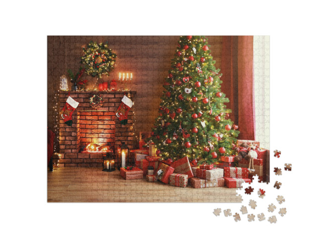 Puzzle 1000 Teile „Weihnachtszauber: leuchtender Baum, warmes Kaminfeuer und Geschenke“