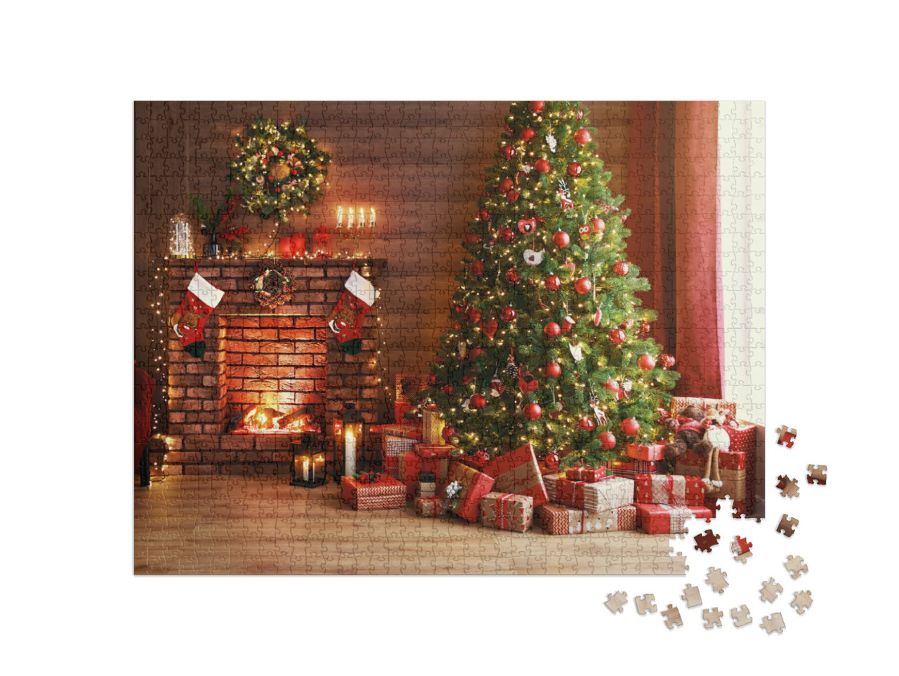 Puzzle 1000 Teile „Weihnachtszauber: leuchtender Baum, warmes Kaminfeuer und Geschenke“