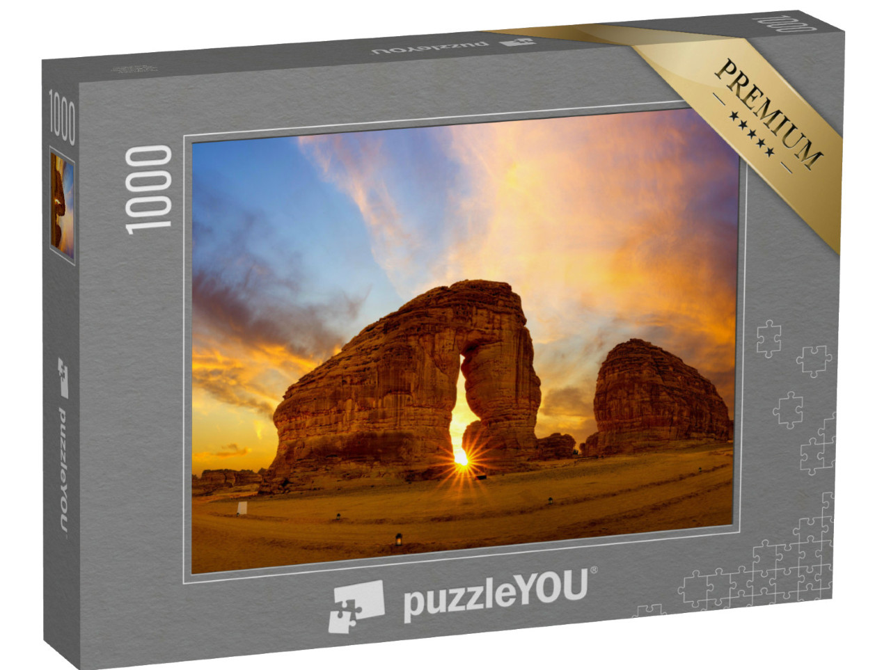 Puzzle 1000 Teile „Beeindruckender Elefantenfelsen im Sonnenuntergang, Al Ula, Saudi-Arabien“