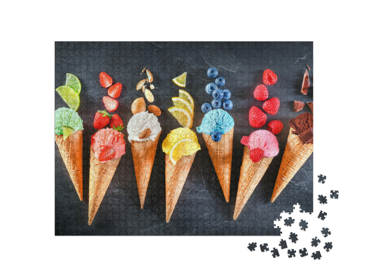 Puzzle 1000 Teile „Süße Eiscreme wie Schokolade, Zitrone, Limette, Mandel, Erdbeeren, Vanille“