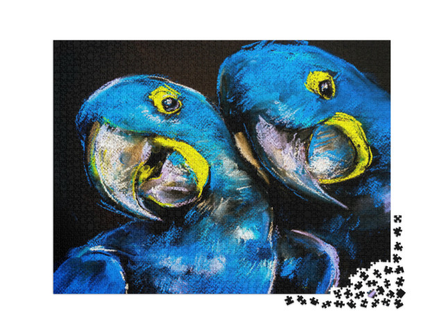 Puzzle 2000 Teile „Pastellmalerei blauer Papageien auf einem Karton, moderne Kunst“