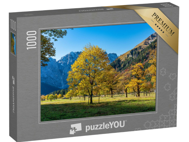 Puzzle 1000 Teile „Sonniger Herbstblick auf die Ahornbäume am Ahornboden, Karwendelgebirge, Österreich“