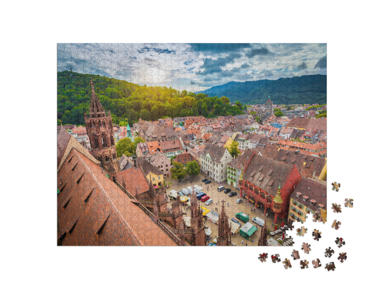 Puzzle 1000 Teile „Historisches Zentrum von Freiburg aus der Luft, Münster im Abendlicht“