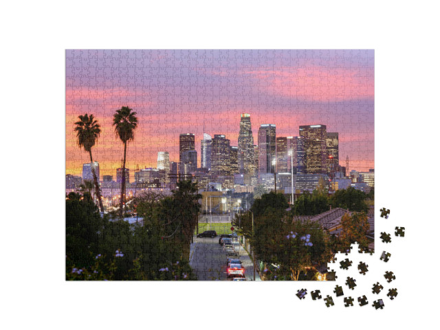 Puzzle 1000 Teile „Die Skyline der Innenstadt von Los Angeles bei Sonnenuntergang“