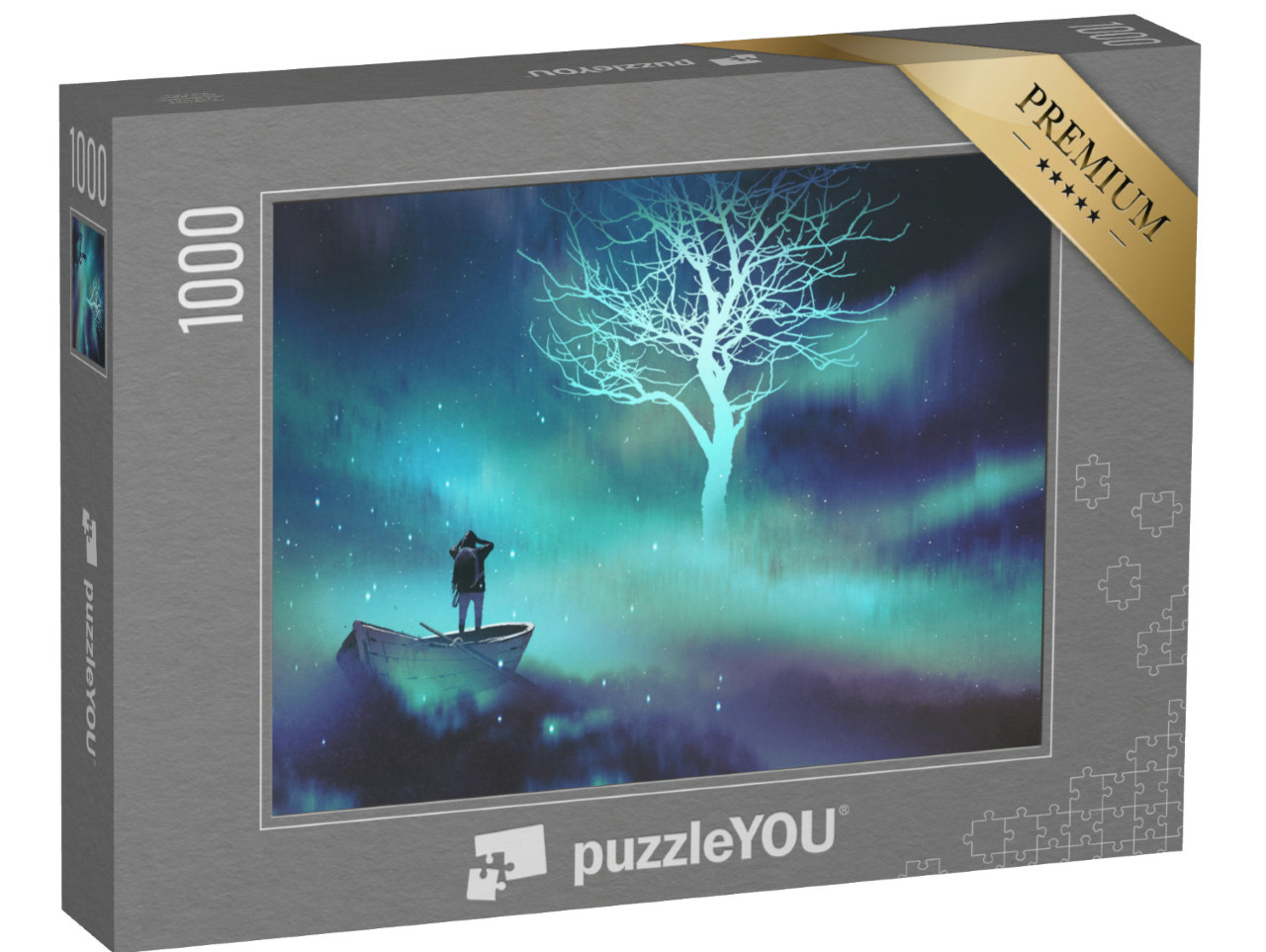 Puzzle 1000 Teile „Mann auf einem Boot im Weltraum, leuchtender Baum, Sterne, Illustration“