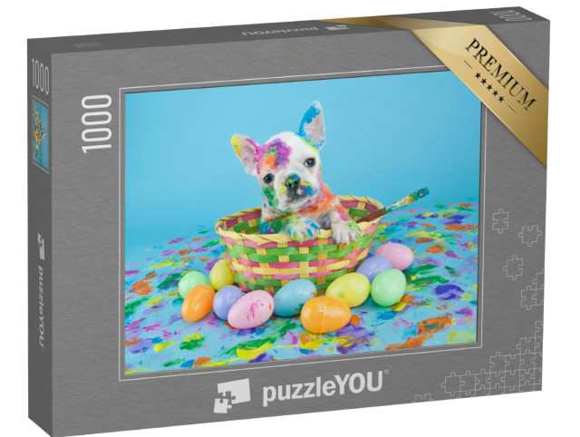 Puzzle 1000 Teile „Lustiger Welpe im Osterkorb nach dem Bemalen der Ostereier“
