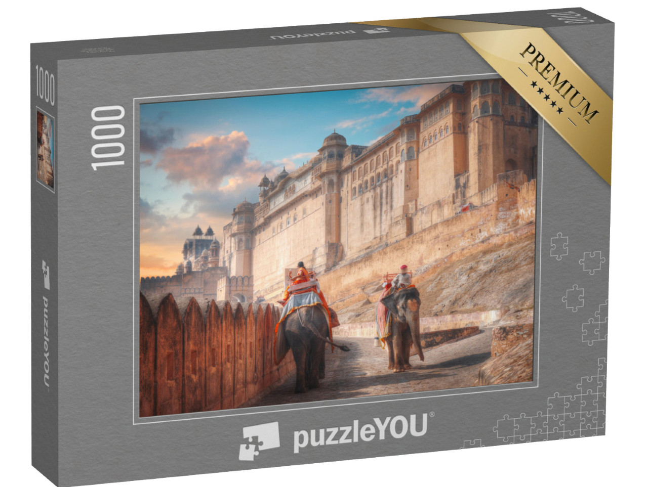 Puzzle 1000 Teile „Ein Elefant auf der Straße im Amber Fort, Indien“