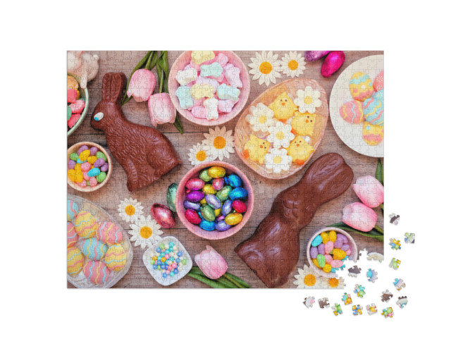 Puzzle 1000 Teile „Bunter Ostertisch mit Schokoladenhasen“